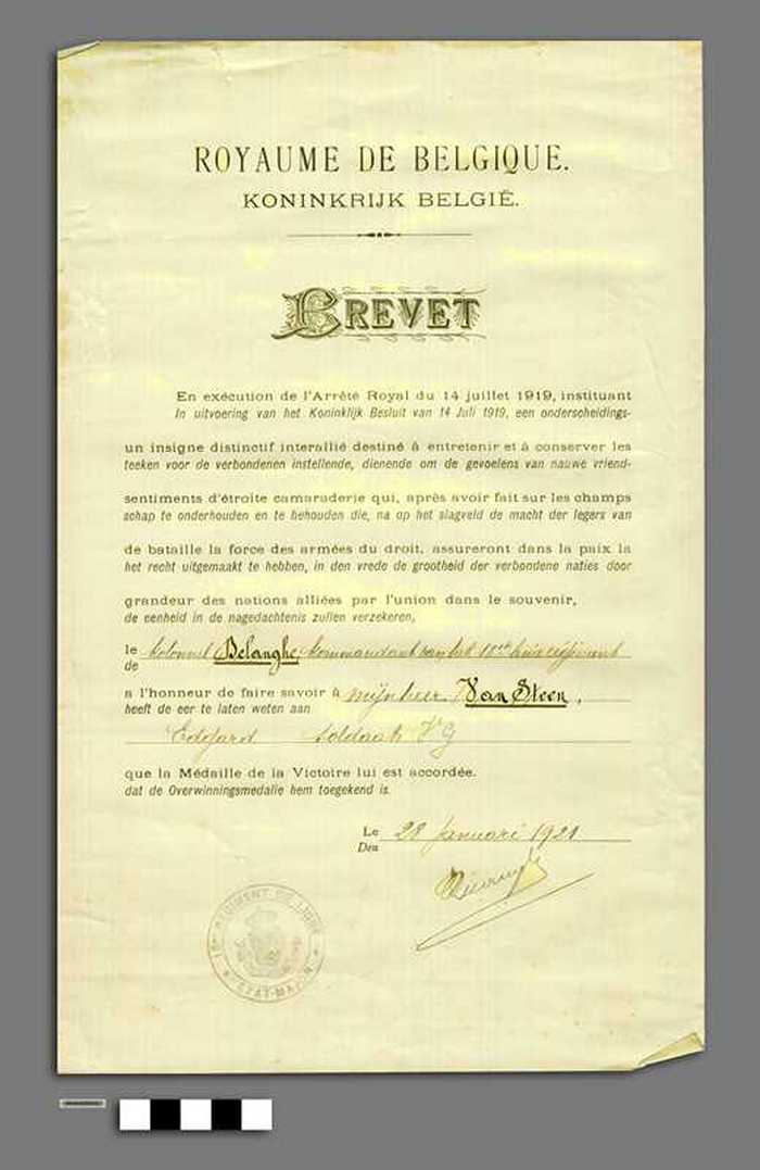 Koninkrijk België: Brevet - Overwinningsmedaille - Van Steen Edgard