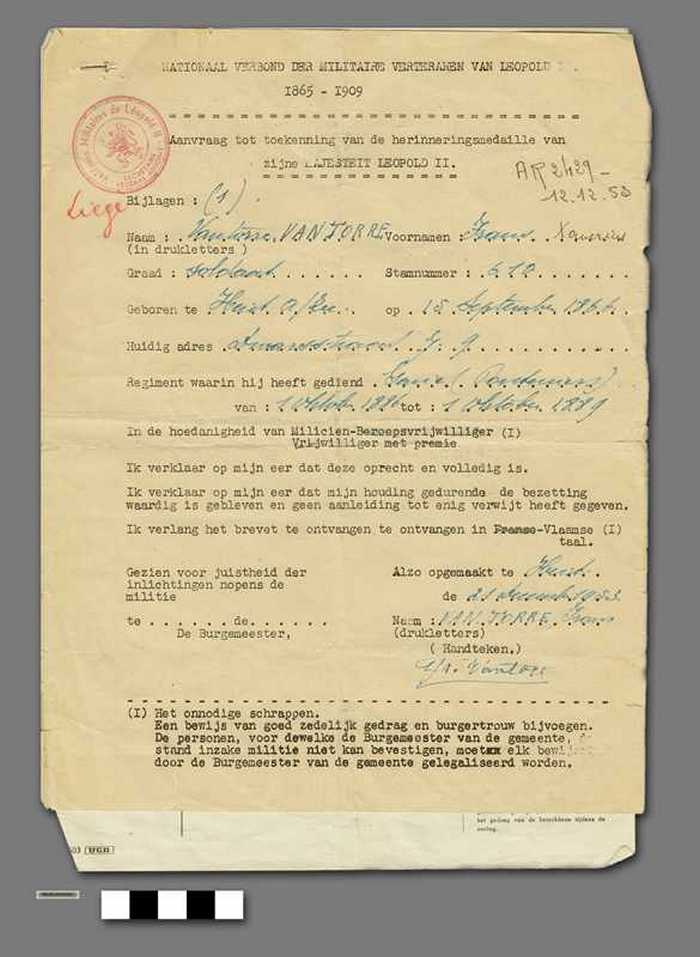 Aanvraag tot toekenning Herinneringsmedaille van zijne Majesteit Leopold II door Vantorre Frans