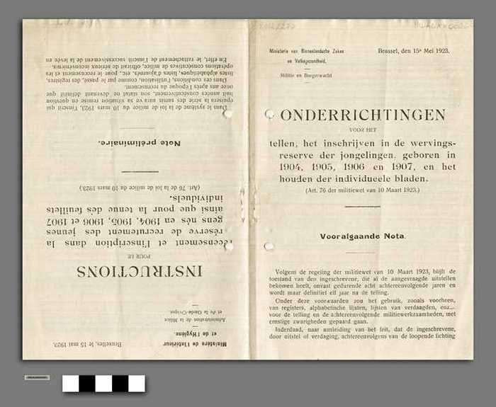 Boekje: Onderrichtingen voor het tellen, het inschrijven in de wervingsreserve der jongelingen