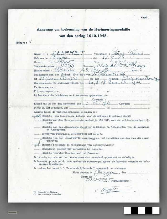 Aanvraag om toekenning van de Herinneringsmedaille van den oorlog 1940-1945 - DESPRIET Petrus