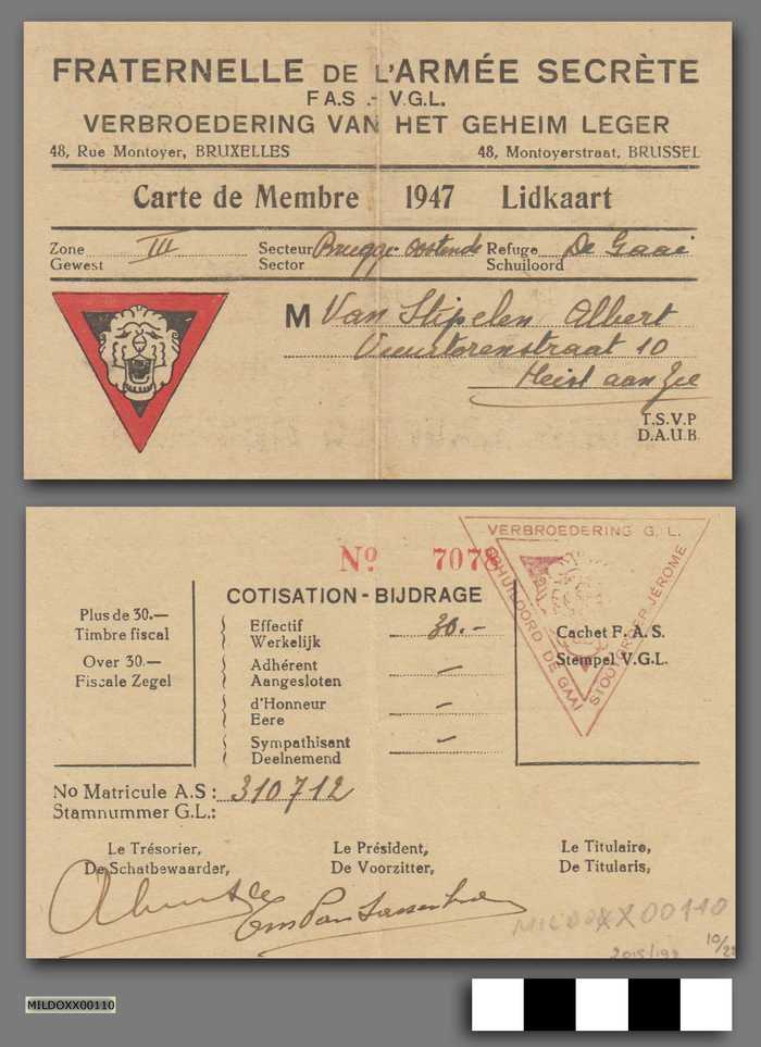 Fraternelle de L'Armée Secrète F.A.S. - Verbroedering van het Geheim Leger V.G.L. - Carte de Membre - 1947 - Lidkaart - Van Stipelen Albert
