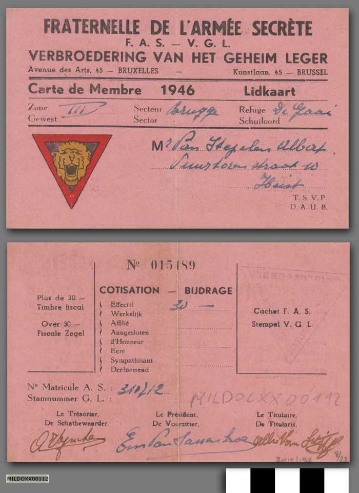 Fraternelle de L'Armée Secrète F.A.S. - Verbroedering van het Geheim Leger V.G.L. - Carte de Membre - 1946 - Lidkaart - Van Stipelen Albert