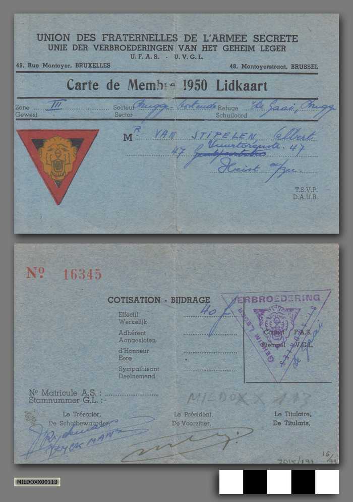 Union des Fraternelles de L'Armée Secrète FAS - Unie der Verbroederingen van het Geheim Leger UVGL - 1950 - Lidkaart - Van Stipelen Albert