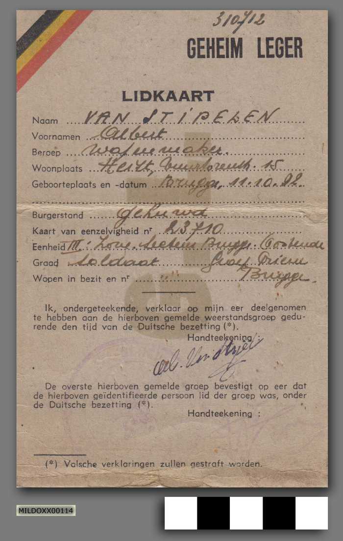 Geheim Leger - Lidkaart - Albert Van Stipelen