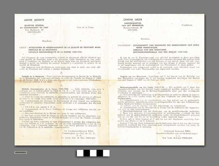 Getuigschrift van erkenning der hoedanigheid van gewapende weerstander. Medaille van den weerstand. Herinneringsmedaille van den oorlog 1940-1945.
