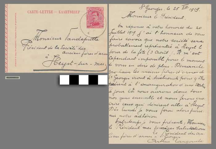 Kaartbrief aan Monsieur Vandeputte - Président de la Société des Anciens frères d'armes Heyst-sur-Mer