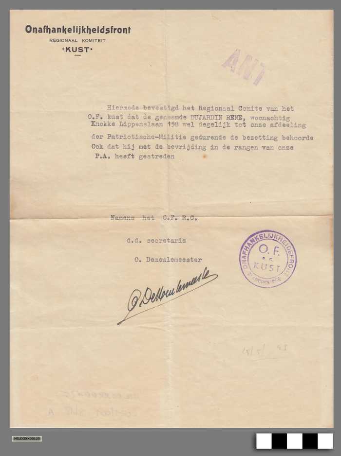 Bevestiging dat René Dujardin deel uitmaakte van de Patriotische-Militie