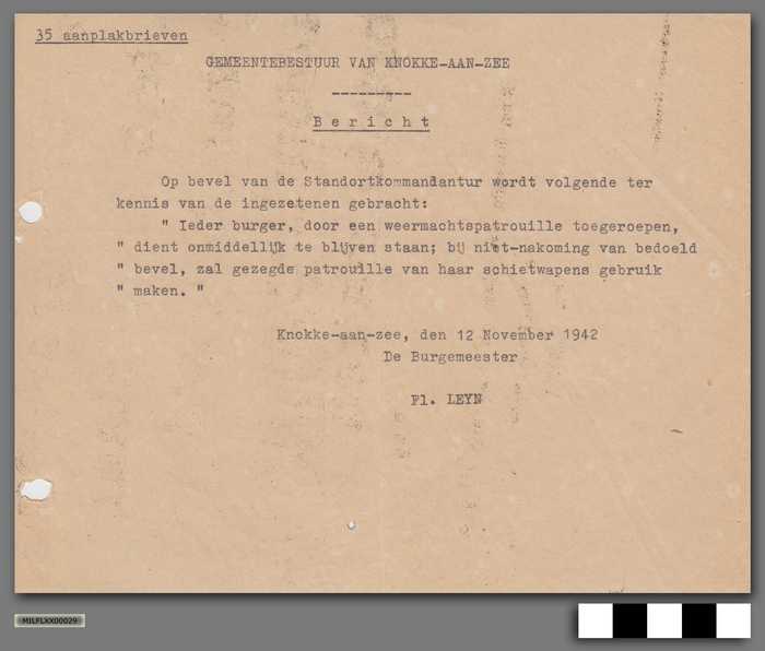 Gemeentebestuur van Knokke-aan-zee - Bericht - 12 novemer 1942