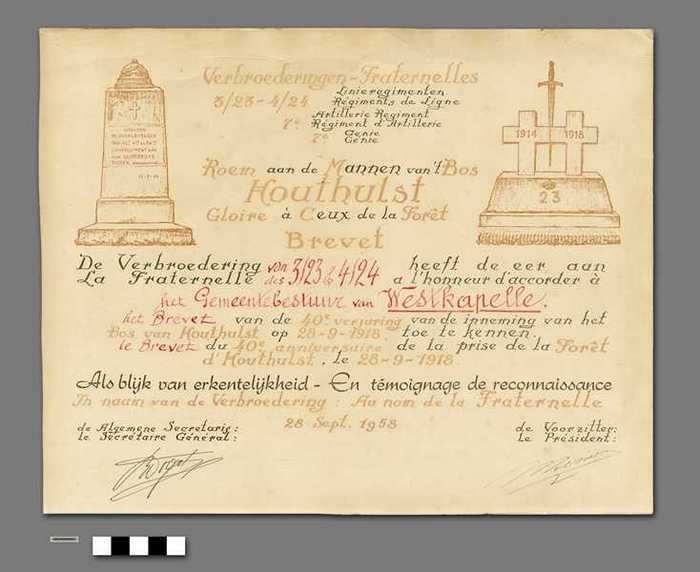 Erkentelijkheidsbrevet aan het Gemeentebestuur van Westkapelle