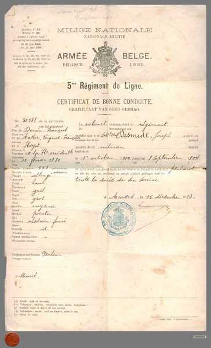 Certificaat van Goed Gedrag - Dsmidt Joseph - 5me Réginemt de Ligne