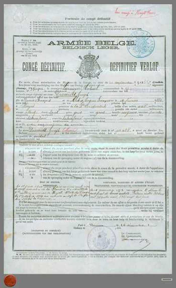 Definitief Verlof van het Belgisch Leger aan Desmidt Joseph