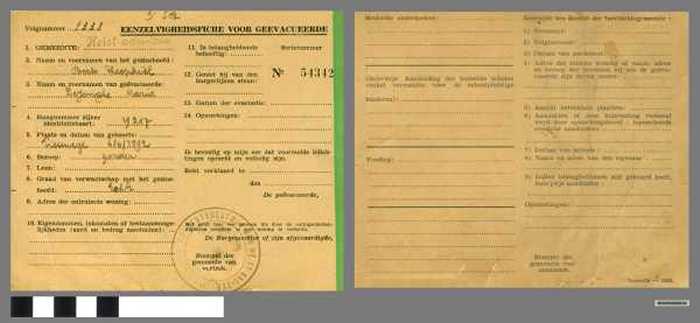 Eenzelvigheidsfiche voor Geëvacueerde - Dejonghe Maria