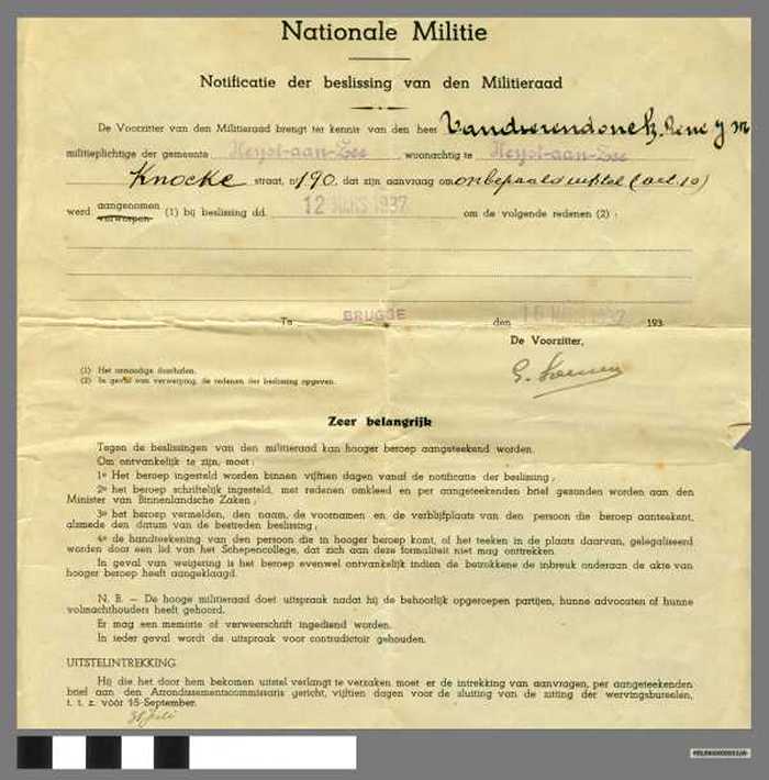 Nationale Militie - Notificatie der beslissing van den Militieraad - Vandierendonck René