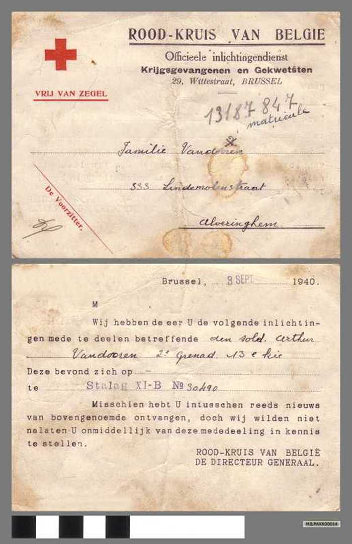 Rood-Kruis van België. Officieele inlichtingendienst Krijgsgevangenen en gekwetsten - Vandooren Arthur