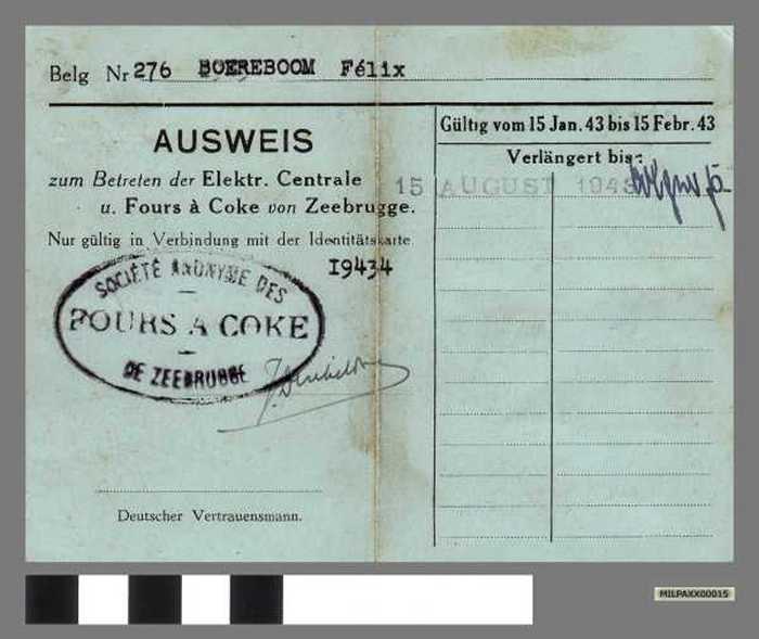 Ausweis zum Betreten der Elektr. Centrale u. Fours à Coke von Zeebrugge - Boereboom Felix