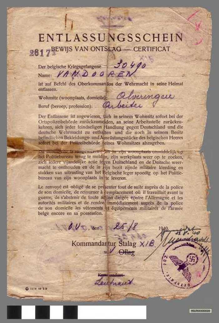 Entlassungsschein - Bewijs van ontslag -certificat - Vandooren
