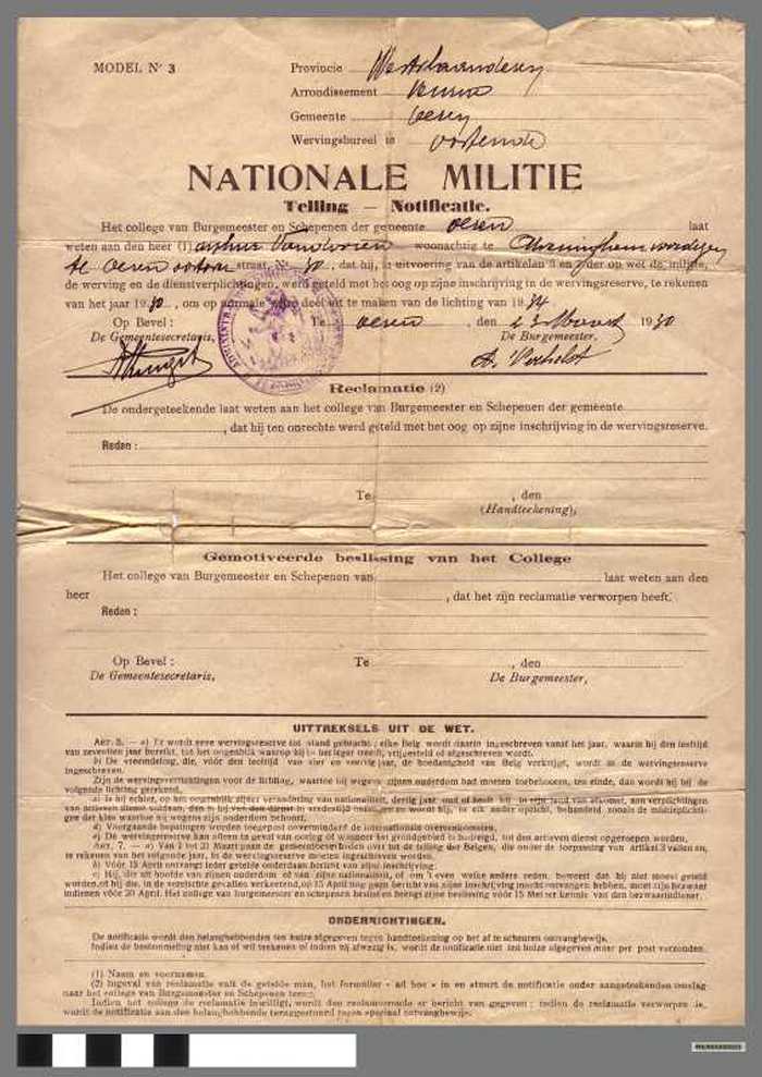 Nationale Militie - telling - Notificatie - Vandoren Arthur
