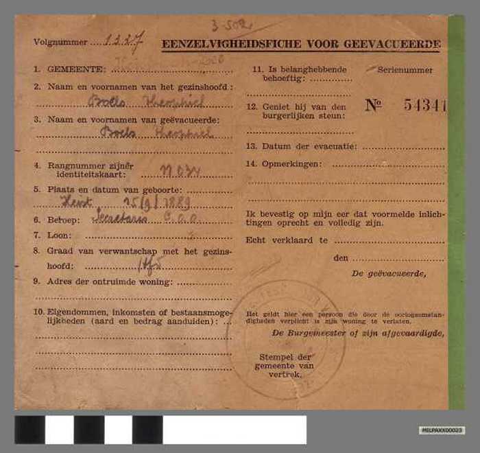 Eenzelvigheidsfiche voor Geëvacueerde - Boels Theophiel