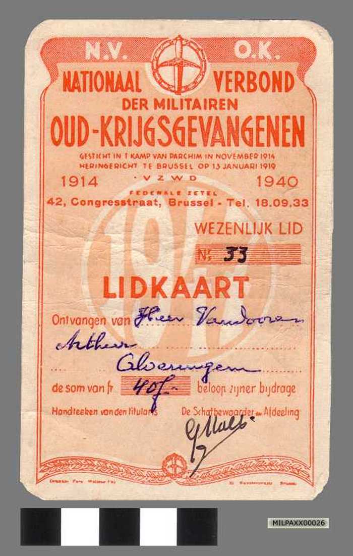 Lidkaart Nr. 33 van het Nationaal Verbond Oud-Krijgsgevangenen 1914 - 1940 - Vandooren Arthur