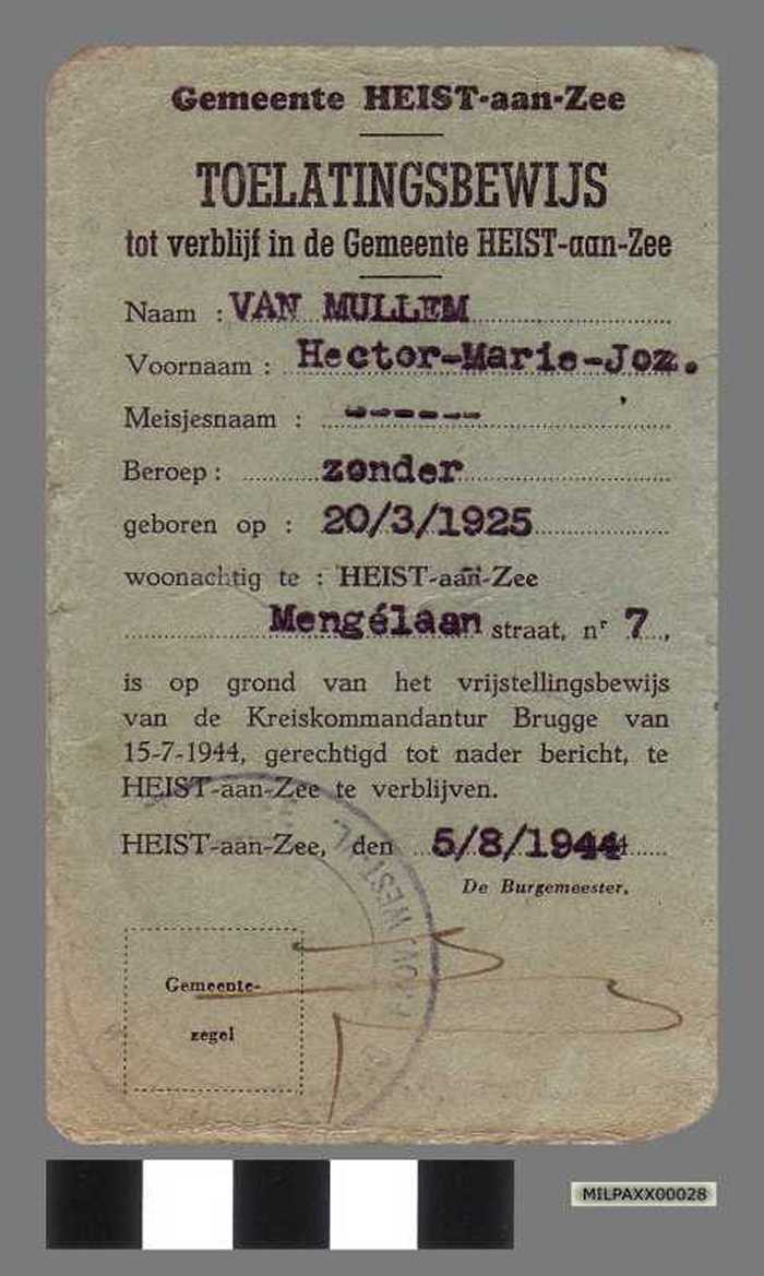 GEMEENTE Heist-aan-Zee. Toelatingsbewijs tot verblijf in de gemeente Heist-aan-Zee - Van Mullem Hector