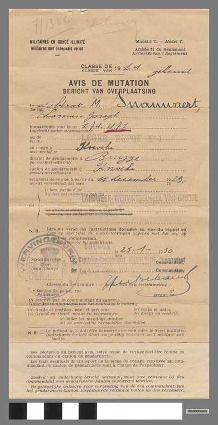 Militairen met onbepaald verlof  - Bericht van overplaatsing - SNAUWAERT Thomas