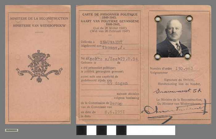 Kaart van politieke gevangene - 1940-1945 - Snauwaert Thomas
