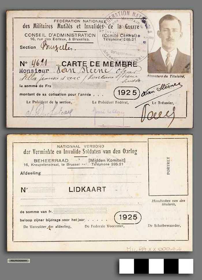 Lidkaart - Nationaal verbond der verminkte en invalide soldaten van den Oorlog - Van Steene Oscar