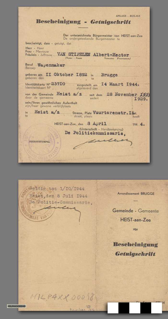 Bescheinigung - Getuigschrift - 1944