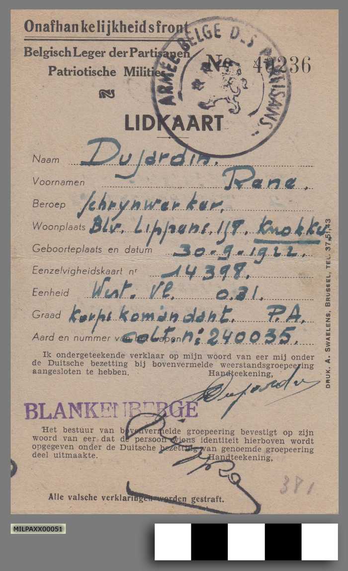 Onafhankelijkheidsfront - Belgisch Leger der Partisanen - Patriotische Militie - René Dujardin