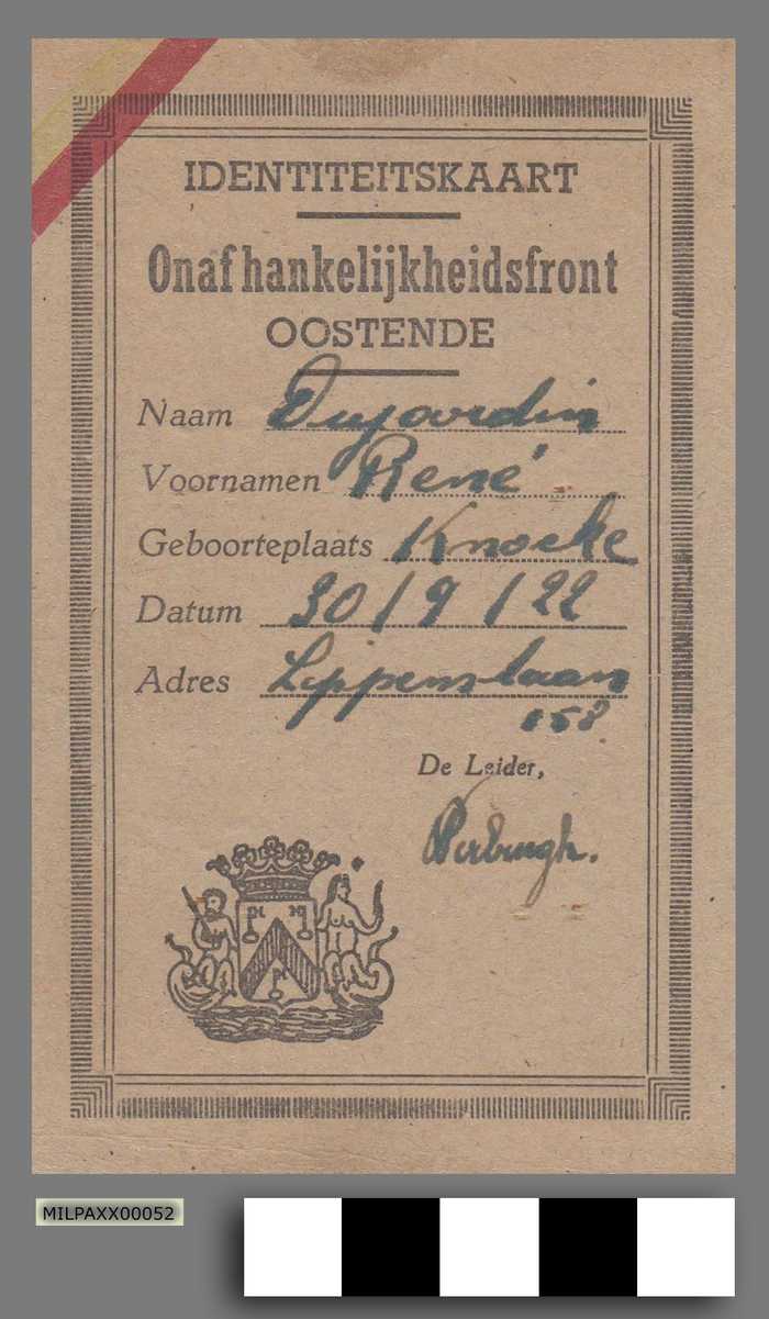 Identiteitskaart Onafhankelijkheidsfront Oostende - René Dujardin