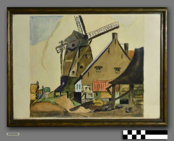 Aquarel molen met dorpsgezicht