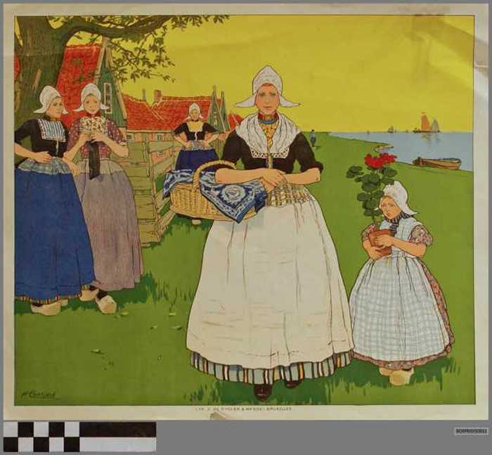 Boerin met mand en kind met geranium