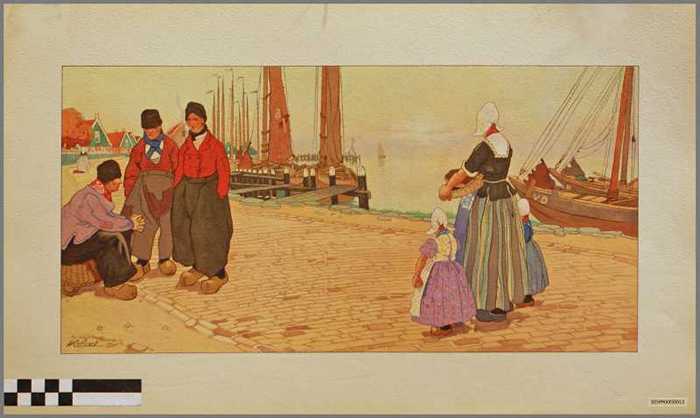 Mannen, vrouw en kinderen aan de kade