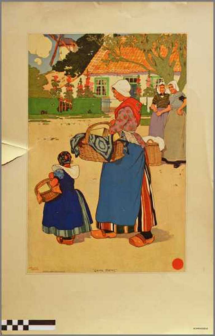 Vrouwen en kind met mand in dorp - Going home