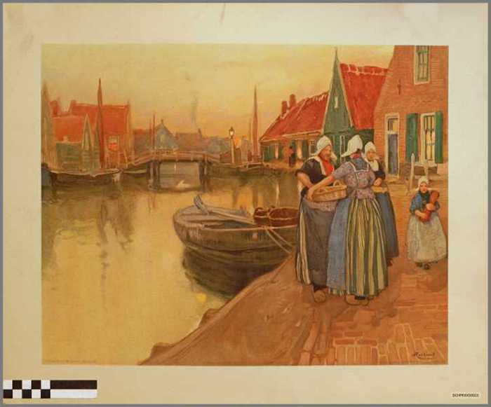 Drie vrouwen in dorp langs de kade