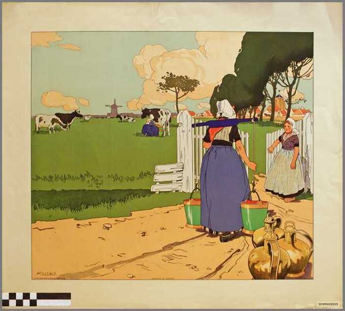 Vrouw met lege melkemmers gaat naar de weide