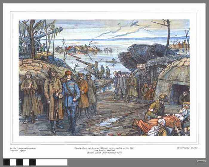 Koning Albert ziet de verschrikkingen van den oorlog aan den IJzer