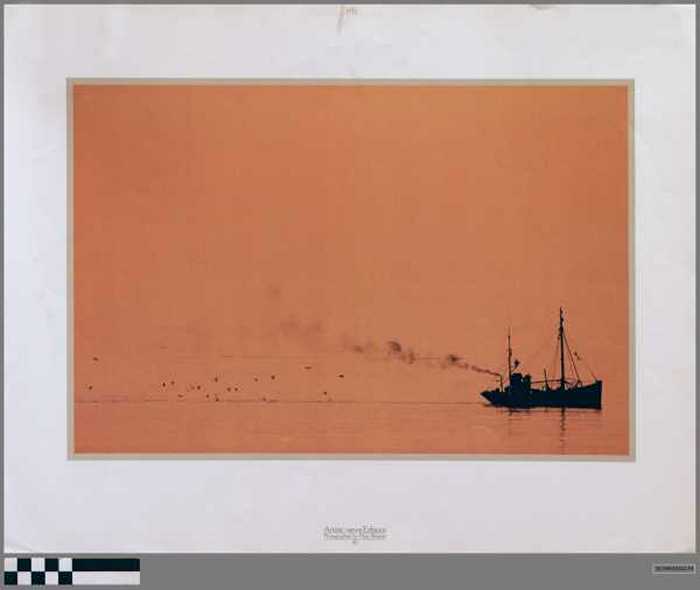 Garnaalschuit uitvarend in gouden avondlicht.