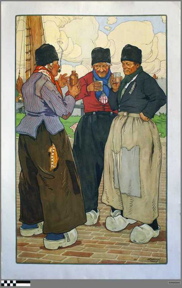 Drie vissers op de kade - prent Henri Cassiers.(zonder titel).