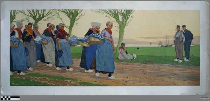 Vissersvrouwen op een landweg langs de zee. Prent Henri Cassiers (prent zonder titel).