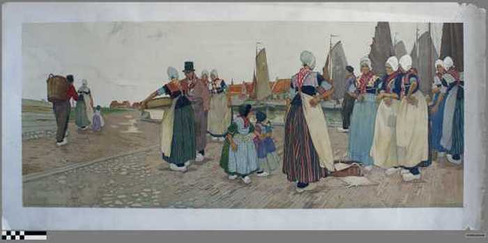 Vissersvrouwen op de kade. Prent van Henri Cassiers (zonder titel).