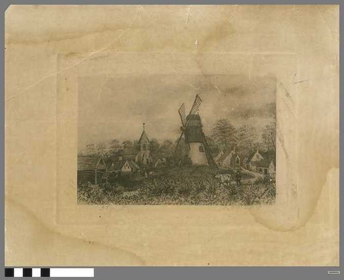 Dorpszicht Knocke met kerk en molen