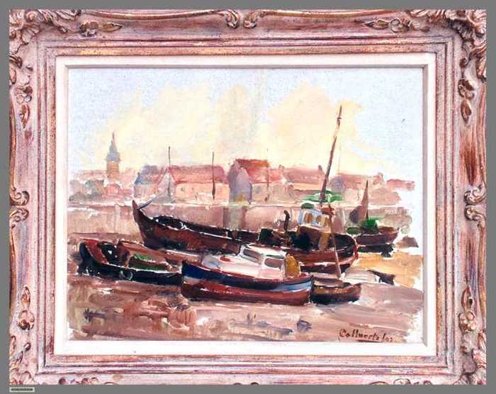 Zeebrugge met kerk en schepen op het droge