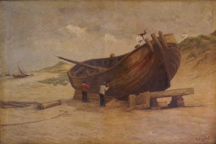 Heistse schuit aangemeerd op het strand