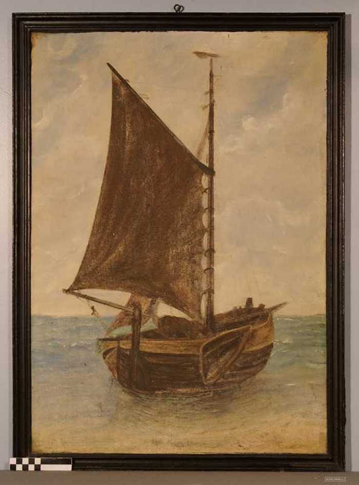 Visserssloep in de branding