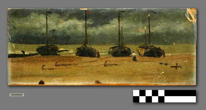 Vier vissersboten op het strand