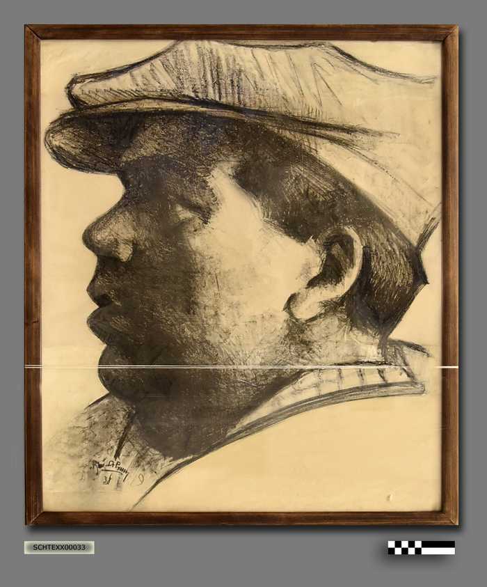 Houtskooltekening: vissersportret Vantorre Camiel