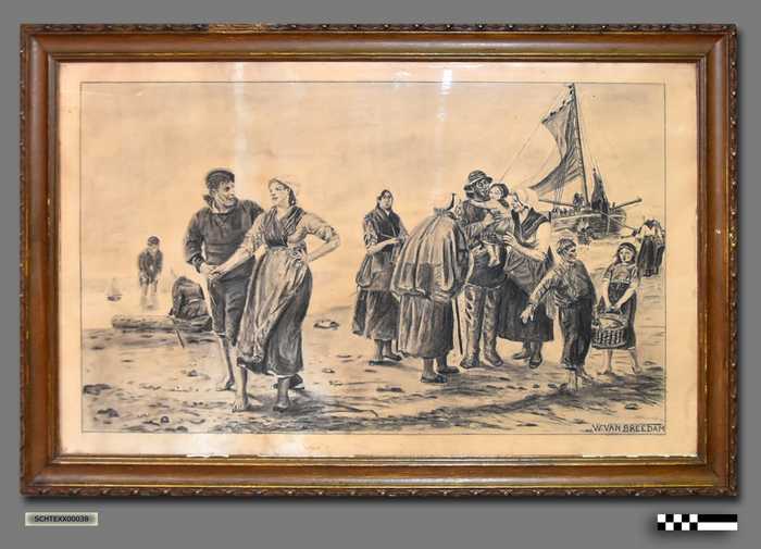 Vissersfamilie op het strand