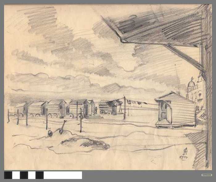 Originele schets in boekje - Badkarren en badcabines op het strand