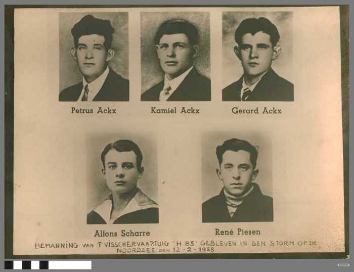 Bemanning van t visschervaartuig `H83 gebleven in den storm op de Noordzee den 12-2-1938